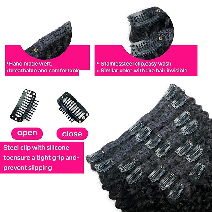 Curly Clip in Hair Extensions for Black Women Brazilian Virgin Human Hair Clip in Extensions 8Pcs Kinky Curly Clip ins Human Hair with 18Clips Double Lace Weft 120g 24nch Natural Black