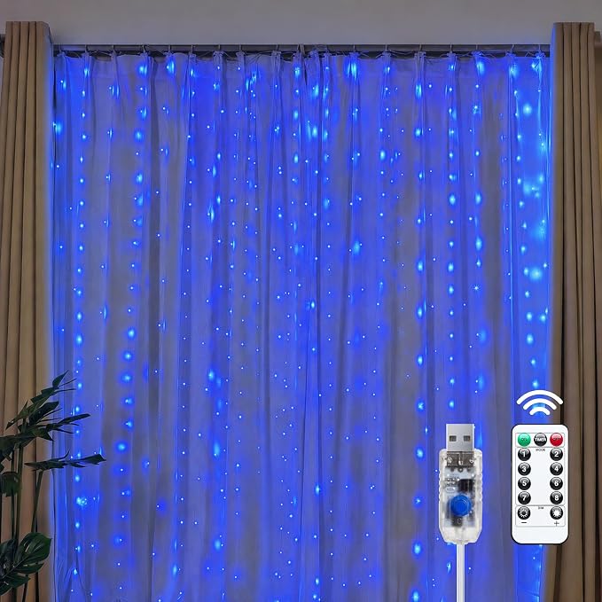 Brightown 300 LED Blue Fairy Curtain Lights, 9.8ft x 9.8ft String Lights | USB by Brightown