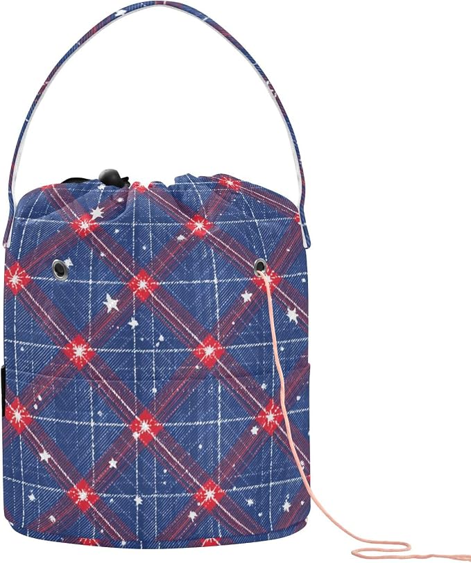 Blue Retro Plaid Stars Yarn Bag Small Crochet Bag Drawstring Yarn Storage by Tatenale