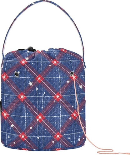 Blue Retro Plaid Stars Yarn Bag Small Crochet Bag Drawstring Yarn Storage by Tatenale
