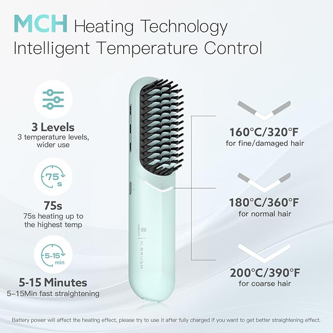 Cordless Hair Straightener Brush - Webeauty Portable On-The-Go Straightener for Women | USB Rechargeable, Fast Heating, 200M Negative Ions, 6400mAh, Perfect for Daily Commute & Short Trips (Ice Blue)