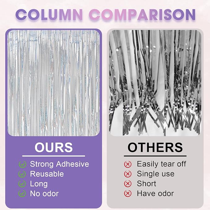 Voircoloria Laser Silver Foil Fringe Backdrop Curtains, 3 Pack | Tinsel - Image 5