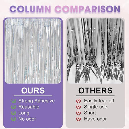 Voircoloria Laser Silver Foil Fringe Backdrop Curtains, 3 Pack | Tinsel - Image 5