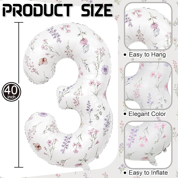 3rd Birthday Decorations for Girls, 40 Inch White Floral Number 3 Balloons | - Image 2