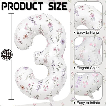 3rd Birthday Decorations for Girls, 40 Inch White Floral Number 3 Balloons | - Image 2