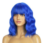 BERON 14 Inches Dark Blue Wig Short Curly Wig Women Synthetic Wigs Blue Wigs with Bangs Hairnet Included