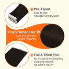 Full Shine Virgin Tape in Hair Extensions Human Hair Color Dark Brown Seamless Invisi Edge Tape in Hair Extensions Virgin Hair Remy Skin Weft 25Gram 10pcs 18Inch Add Length Natural for Formal Event