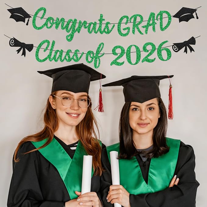 Black and Green Graduation Banner 2026, GlitterGreen Class of 2026 Banner - Image 8