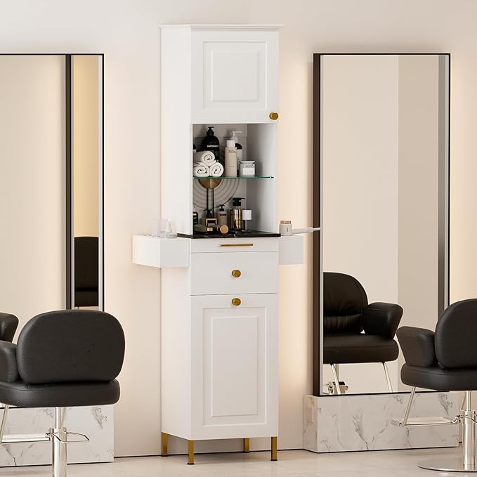 Paddie Barber Station Hair Salon Station, Salon Stations for Hair Stylist, Beauty Salon Spa Equipment w/Glass Shelf, 2 Storage Cabinet & Drawers, 6 Hair Dryer Holders for Hair Styling（White）
