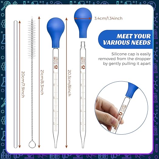 Weewooday Glass Droppers Pipettes Graduated Lab Dropper Glass Liquid Pipette with Big Rubber Hats 20 cm Stir Rod Washing Brush Transfer for Liquid Essential Oil(16 Pieces,Blue,10 ml)