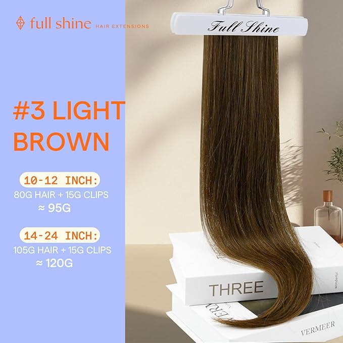 Full Shine Real Human Hair Extensions Clip ins Light Brown Clip in Human Hair Extensions for Fine Short Hair for Raving 14 Inch 7 Pcs 120 G