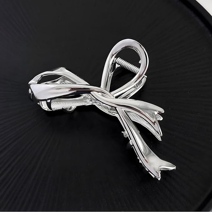 Silver Ribbon Bow Metal Hair Clips, Alloy Elegant Non-Slip Strong Hold Grip Jaw Clip for Thick and Thin Hair