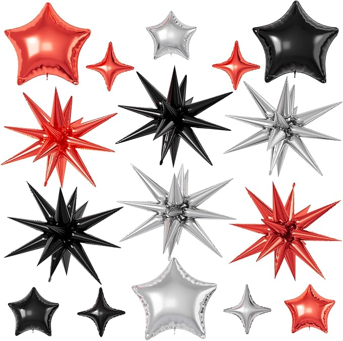 Red Black Silver Star Balloons, 22/18/10 Inch Foil Balloons, Four-Pointed by Sowide