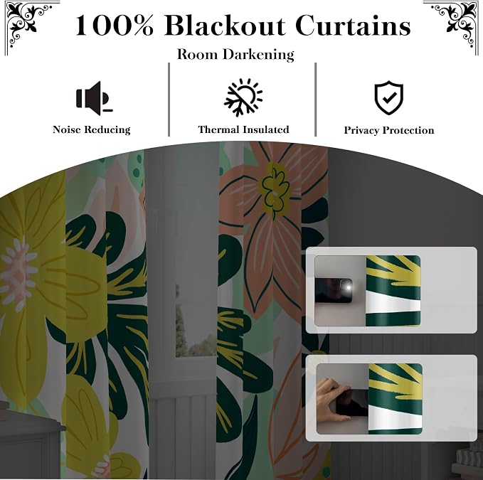 Tyrot Boho Floral 100% Blackout Curtains fo Bedroom 84 inch Long 2 Panels - Image 3