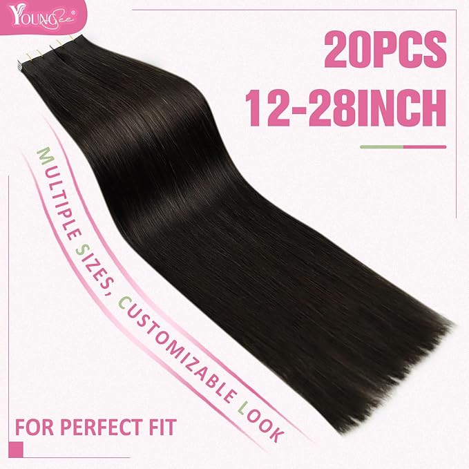 YoungSee Seamless Tape in Extensions Human Hair Dark Brown Tapes Hair Extensions Real Human Hair Brown Hair Extension Tape-in Remy 20 Inch 20pcs 50g Silky Straight Hair