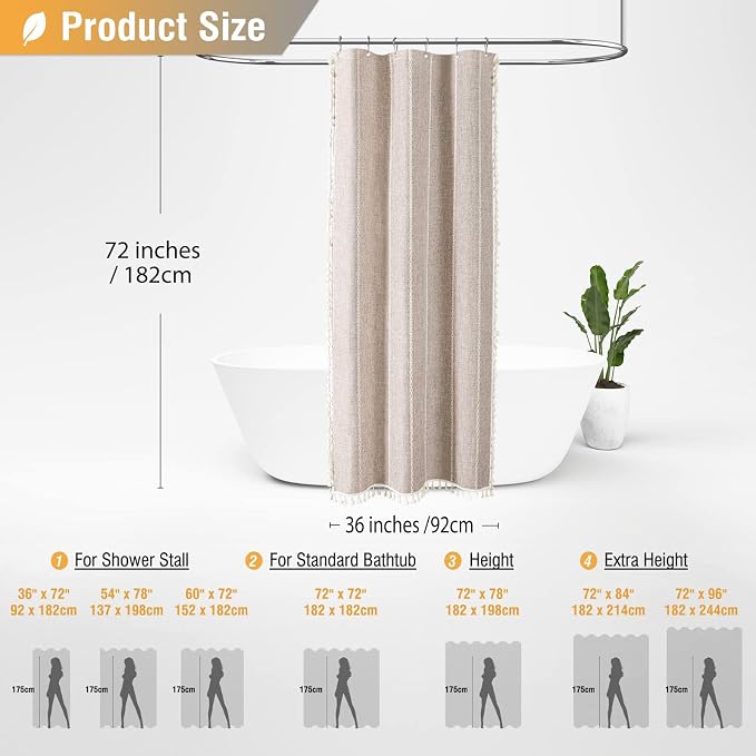 Small Boho Linen Heavy Duty Cloth Shower Curtain, Tan/Taupe | Stall Size - Image 2