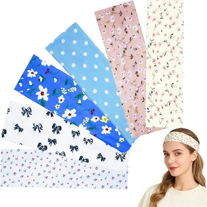 6 Pcs Anti-Slip Elastic Headbands for Women Soft Fabric Yoga Sweatbands with Floral Heart Print Stretchy, Sweat-Absorbent and Lightweight for Fitness, Running and Daily Wear