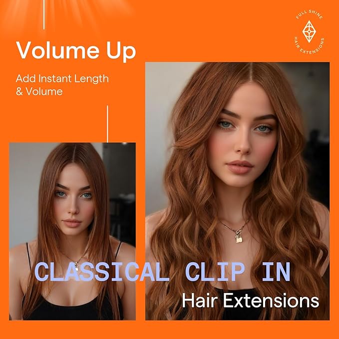Full Shine Human Hair Extensions Clip ins Auburn Clip in Hair Extensions Real Human Hair Strawberry Blonde Straight Invisible Remy Hair 22 Inch 7 Pcs 120 G