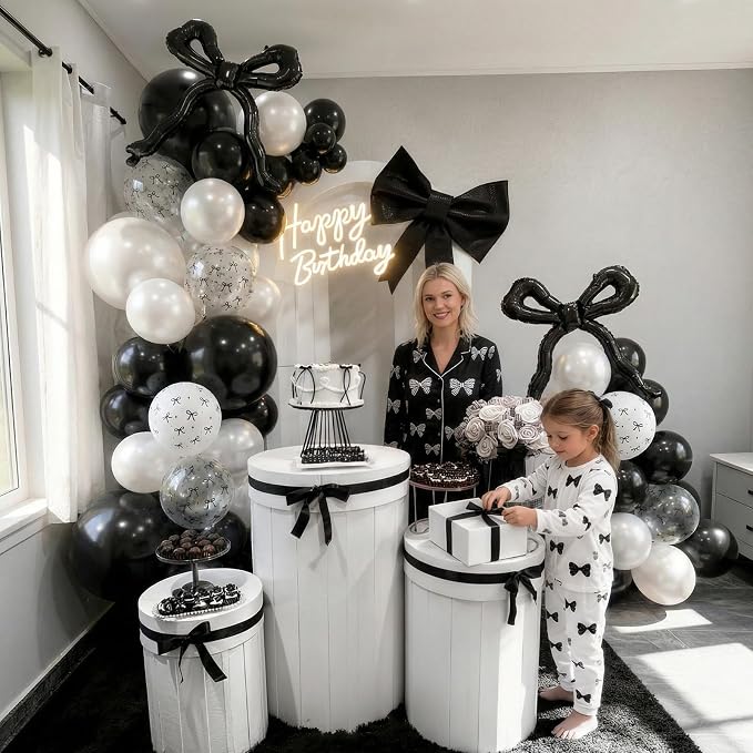 Black Bow Balloons, 12Inch Pearl Black and White Bow Print Balloon - Image 3