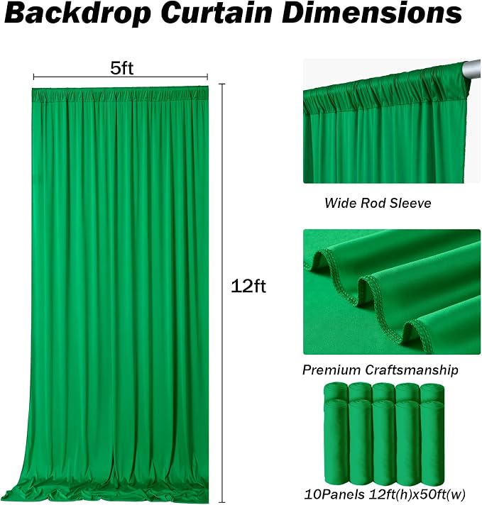 50x12 ft Green Backdrop Curtains - Image 6