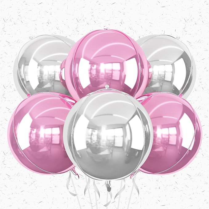 6Pcs Pink Silver Round Foil Balloons, Giant 4D Round Ball Balloon, 22 Inch by Adorely