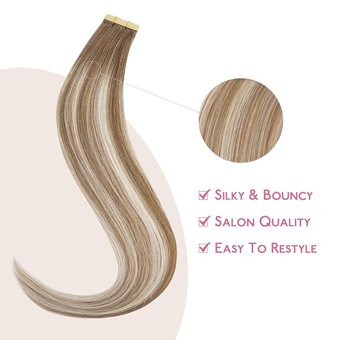 WENNALIFE Tape in Hair Extensions Human Hair Balayage Dirty Blonde with Platinum Ends Tape in Extensions, 10pcs 30g 22 inch Remy Invisible Tape Ins Straight Colored Soft Refill Set