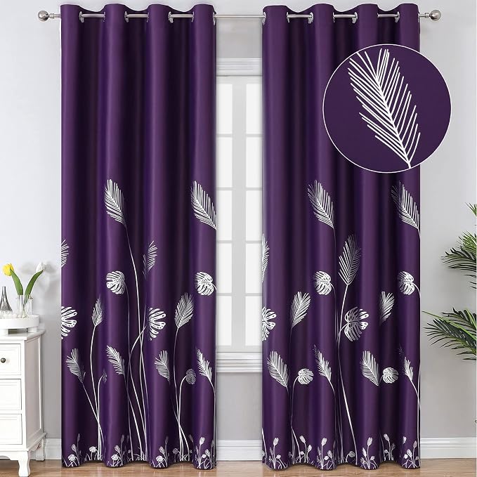 Purple Blackout Curtains for Bedroom, Room Darkening Silver Palm Tree Pattern by ESTELARTEXTILER