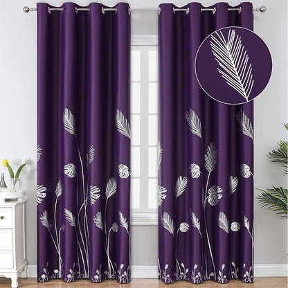 Purple Blackout Curtains for Bedroom, Room Darkening Silver Palm Tree Pattern by ESTELARTEXTILER