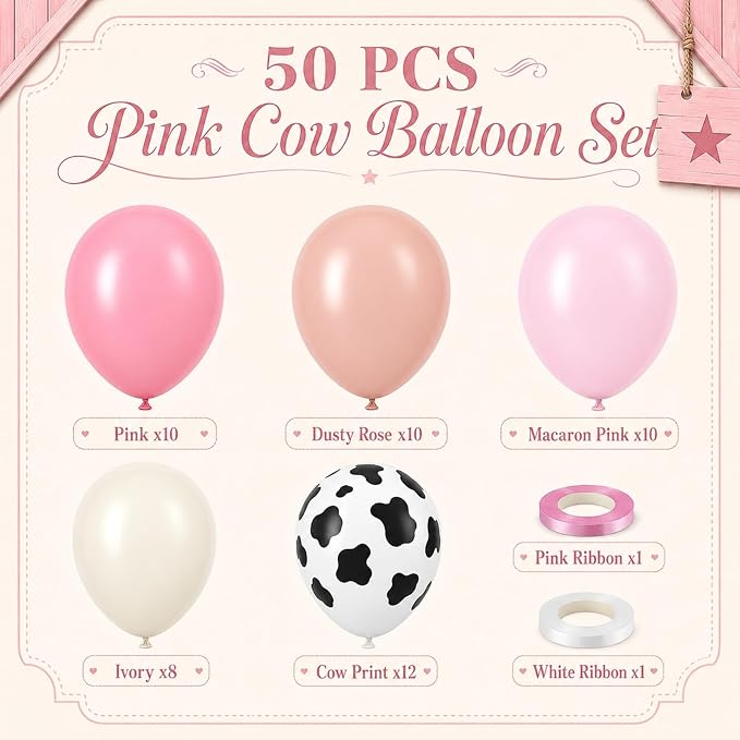 Pink Cow Print Balloons, Cow Balloons 50pcs 12 Inch Pastel Pink Macaron Pink - Image 2