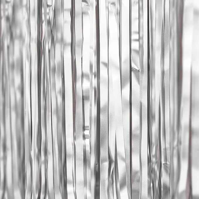 PartyWoo Metallic Silver Tinsel Foil Streamers 8.2FT 3pcs Fringe Backdrop | - Image 2