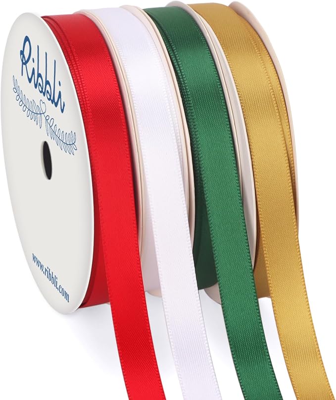 Ribbli Christmas Satin Ribbon 3/8 Inch x 4 Rolls Total 40 Yards- Red White by Ribbli
