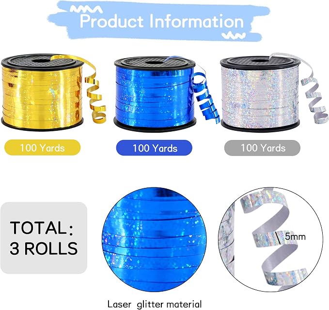BEISHIDA 3 Pack 100 Yards Blue Gold Silver Curling Crimped Glitter Ribbon - Image 2