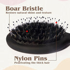 Mini Boar Bristle Hair Brush - Boar & Nylon Bristle Small Brush for Women Kids Long Short Hair to Smooth Add Shine - Travel Size Hair Brush for Purse,Pocket, Black