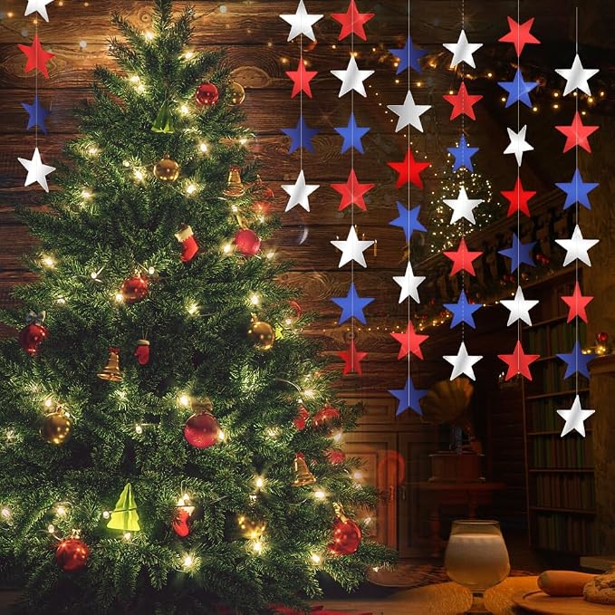 Red White and Blue Star Garland Banner, 66 Feet Patriotic Star Hanging Streamer - Image 7