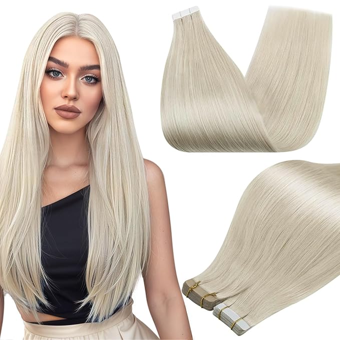 Full Shine White Blonde Tape in Hair Extensions Tape in Extensions Human Hair 10Inch Seamless Invisible Remy Skin Weft Double Sided Adhesive Extension for Women Silky Straight 30G 20Pcs