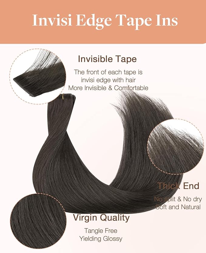 GOO GOO Invisi Edge Tape in Hair Extensions Human Hair, 1C Mocha Brown10pcs injected with 10pcs classical tape ins, 22inch 50g, Virgin Remy Hair, Natural Look
