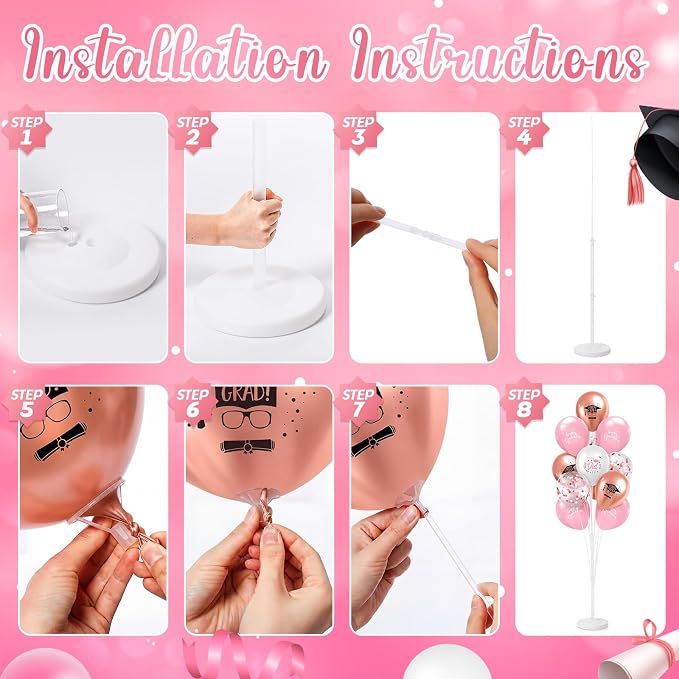 Kasyat 4 Set Pink and Rose Gold Graduation Balloons Stand High 53 Inch Class of - Image 4