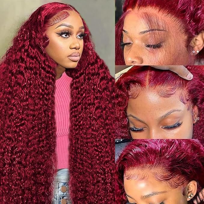 30 Inch 99J Burgundy Deep Wave Lace Front Wigs Human Hair 200% Density 13x6 HD Lace Frontal Wigs for Women 100% Real Human Hair No Synthetic Blend No Tangle No Shedding Triple Lifespan 3X