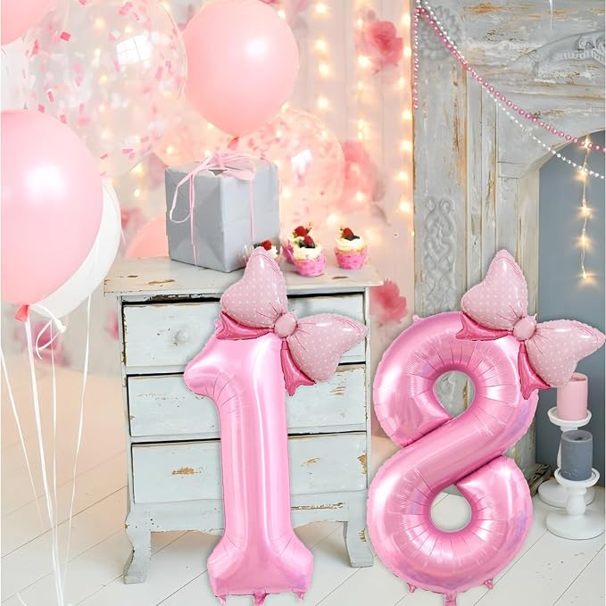 40 inch Number 18 Balloon with Bow Pink Happy Birthday Jumbo Number Balloons - Image 3