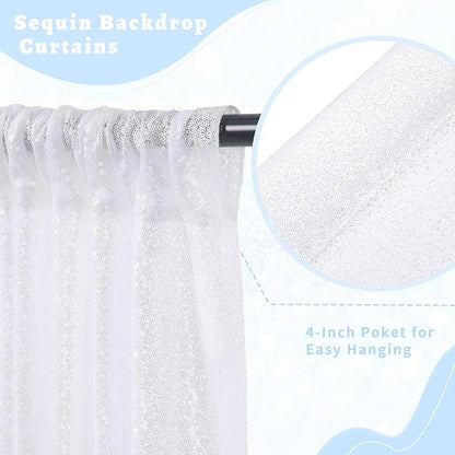 White Sequin Backdrop Curtains 2 Pcs 3.3ftx8ft Sparkle Backdrop Fabric | - Image 4