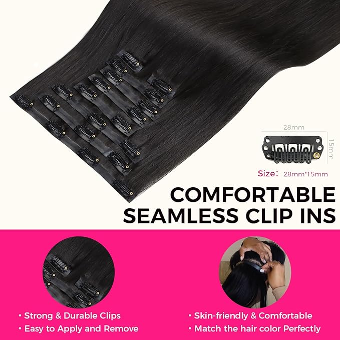 Lashey Seamless Clip in Hair Extensions Human Hair 9pcs 130g Natural Black Light Yaki Straight Clip in Hair Extensions Real Human Hair 16 Inch Soft
