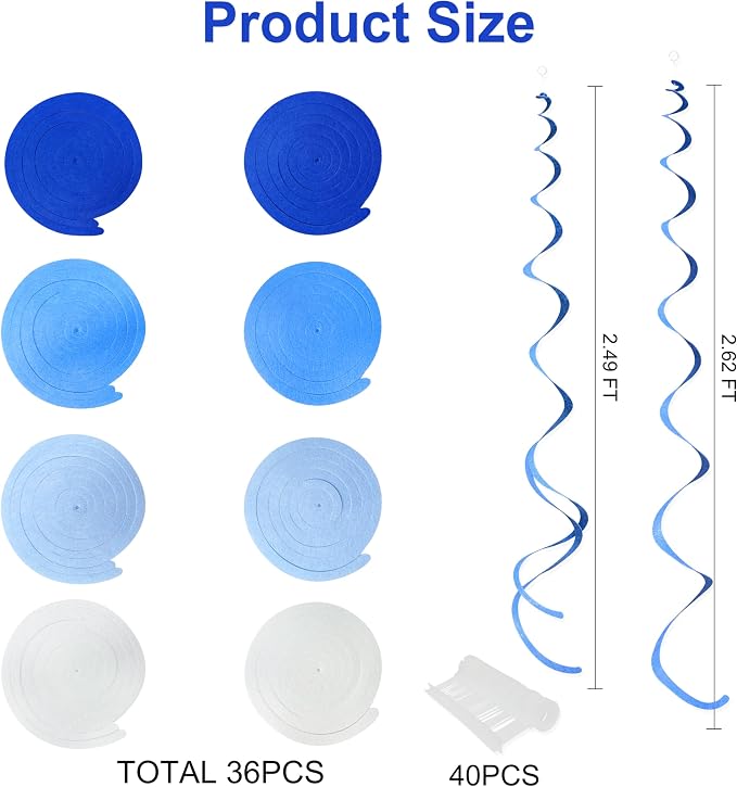 36 Pcs Blue Hanging Swirl Decorations Ombre Royal Blue White Felt Swirl - Image 2