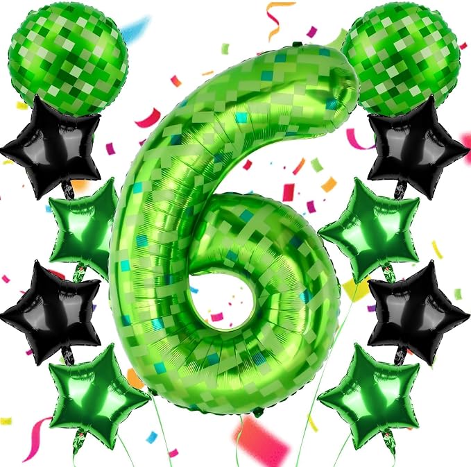40 Inch Green Pixel Themed Number 6 Balloon Set Foil Balloon by AXBMM