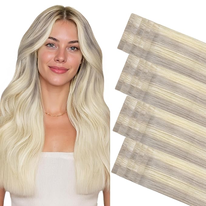 GOO GOO Invisi Edge Tape in Hair Extensions Human Hair, 17/22/60 Balayage Ash Blonde to Golden Blonde and Platinum Blonde, 20pcs 16inch 50g, Virgin Remy Hair, Seamless Injected Tape, Natural Look