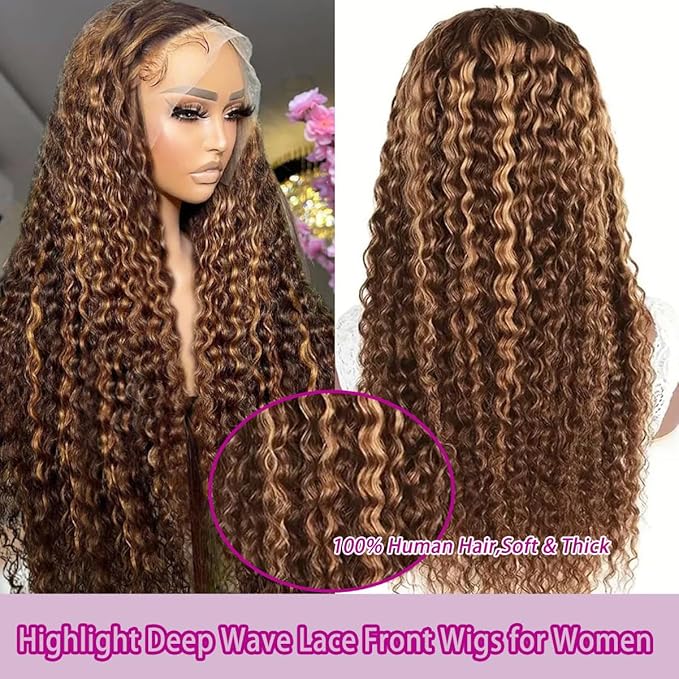P4/27 Highlight Curly Human Hair Wig 13x6 Ombre Deep Wave Lace Front Wig Human Hair Pre Plucked 210% Density Honey Blonde Deep Wave Wigs for Women Glueless HD Lace Frontal Wig 26 Inch
