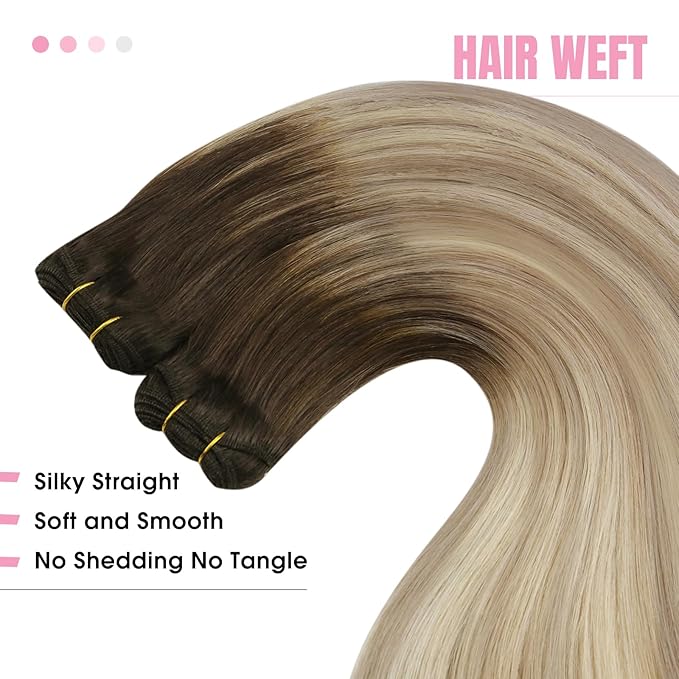 YoungSee Weft Hair Extensions Human Hair Ombre Blonde Sew in Extensions Balayage Human Hair Extensions Sew in Brown Ombre Golden Blond Mix Platinum Blonde Dyable Remy Hair 20Inch 100G