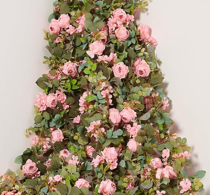 Artificial Flower Garland 2pcs 5.4ft Rose & Hydrangea Vine, Light Pink | - Image 2