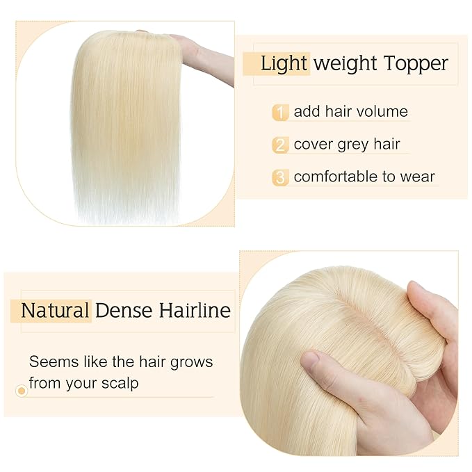 SEGO Human Hair Toppers for Women With Thinning-Hair, 7 * 13CM Silk Base 100% Real Human-Hair Clip in Top Wiglet Hair-Pieces //6 Inch No Bangs Platinum Blonde