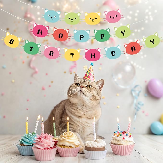Cat Happy Birthday Banner Party Decorations Birthday Cat Banner Garlands Sign - Image 4