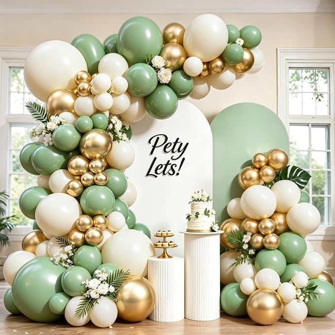 Sage Green Gold Balloon Arch Kit, Sand White, Metallic Gold | Latex Balloons by PUFFLD